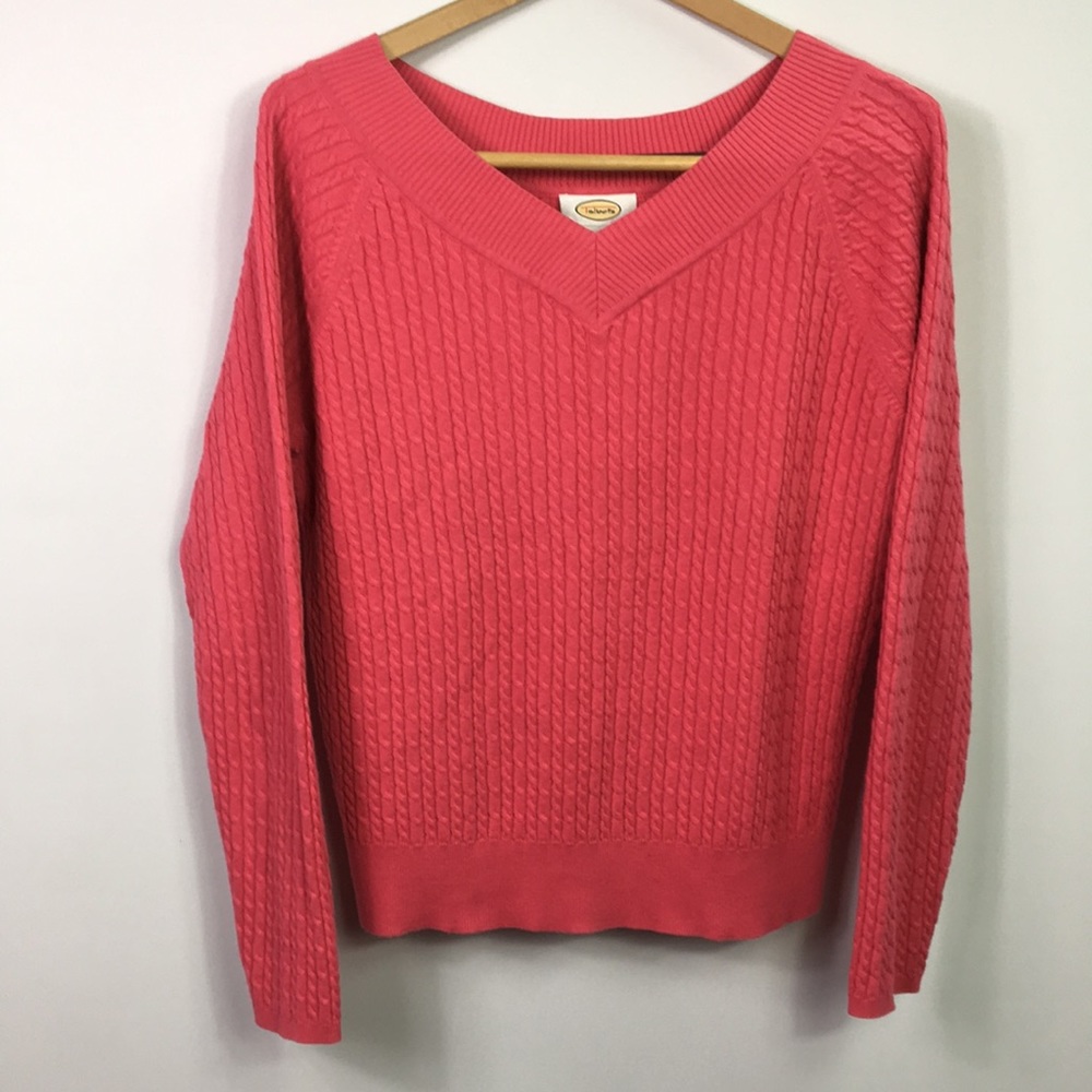 Talbots Sweater Cable Knitted V Neck Long Sleeves Pink Size L